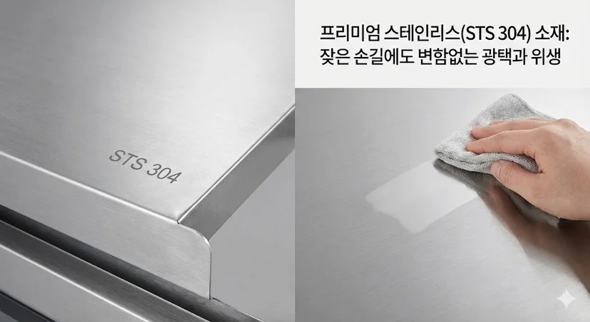 내구성과 위생이 뛰어난 프리미엄 스테인리스(STS 304) 소재를 적용하여, 오랜 사용에도 변함없는 광택과 청결함을 유지합니다.