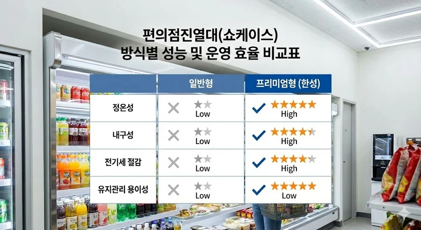 일반형과 프리미엄형(한성) 진열대의 성능 및 효율을 비교하여, 한성 진열대가 제공하는 압도적인 우수성을 한눈에 보여줍니다.