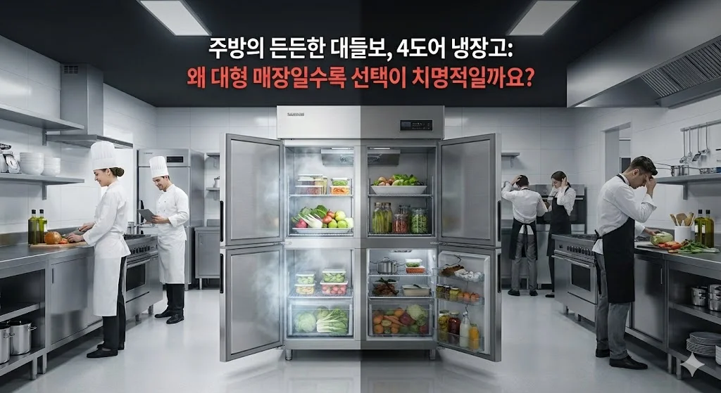 주방의 성공과 실패를 대비시키는 4도어 냉장고의 역할 강조 이미지.