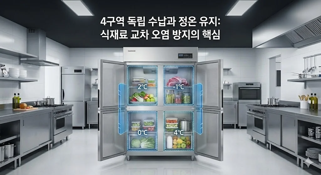 4구역 독립 수납으로 교차 오염을 방지하는 냉장고 내부 투시도.