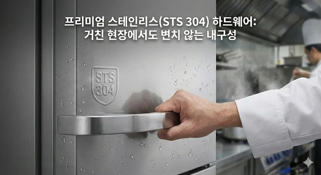 거친 주방 환경에서도 내구성을 유지하는 STS 304 스테인리스 냉장고 표면.