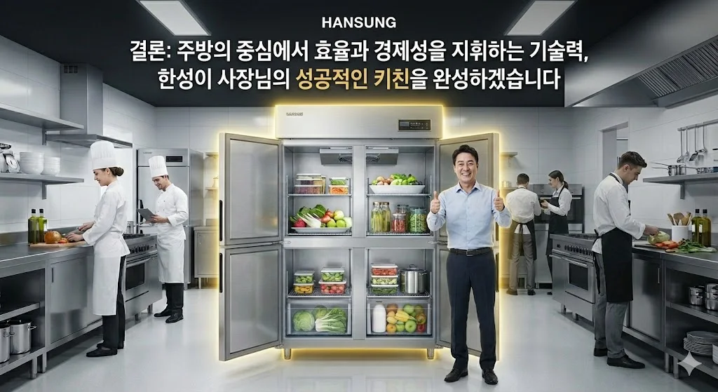 한성 4도어 냉장고와 함께 성공적인 주방을 이룬 사장님과 셰프들의 모습.