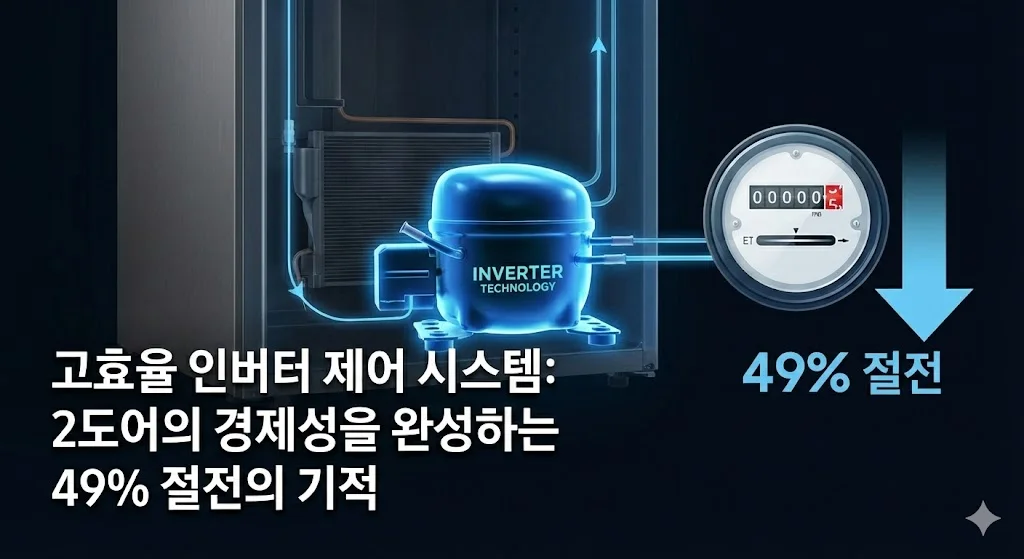 고효율 인버터 제어 시스템으로 전기세를 49% 절감하는 기술 그래픽.