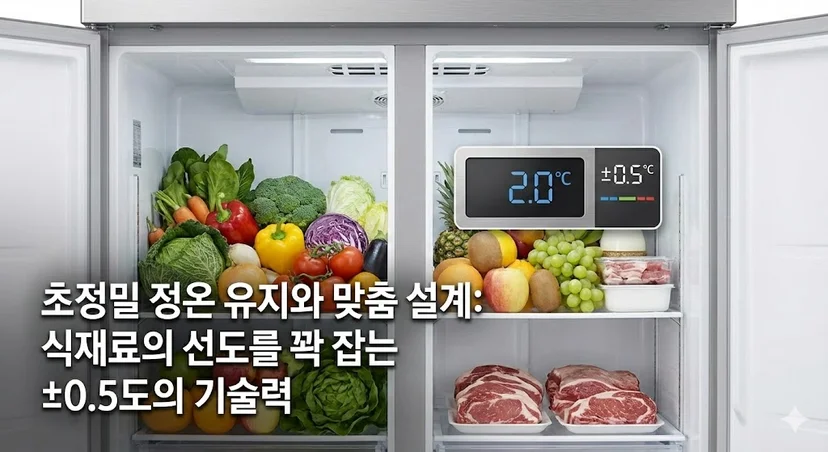 ±0.5도의 초정밀 정온 유지로 신선함을 지키는 냉장고 내부 모습.