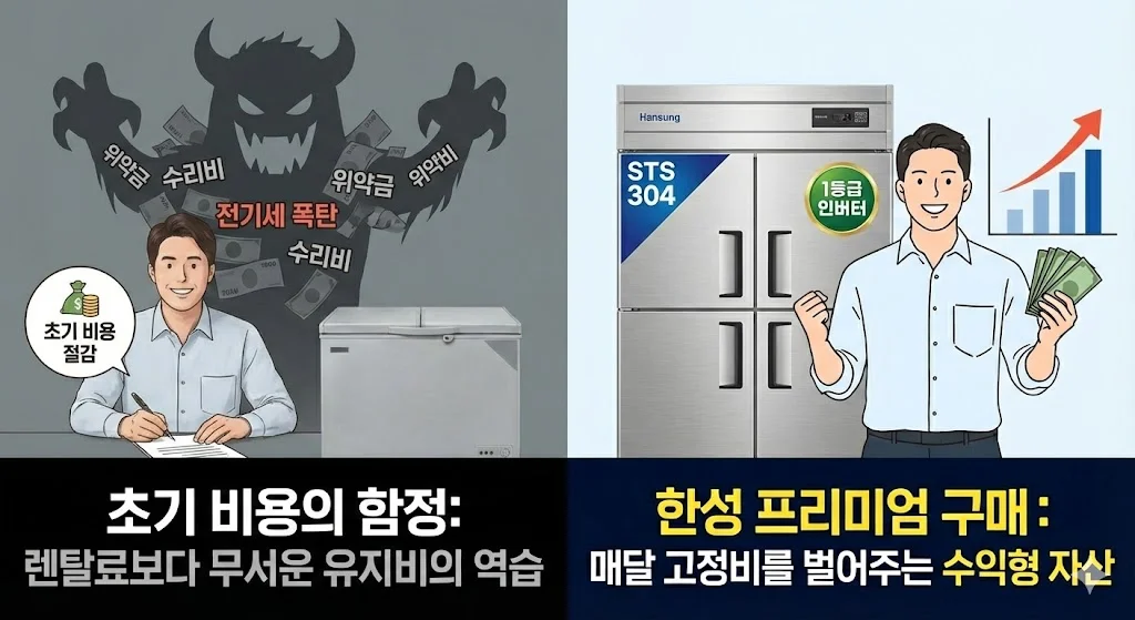 초기 비용 절감에 속아 렌탈 계약을 하지만 뒤이어 나타나는 전기세, 수리비 등 유지비 폭탄의 위험을 경고하는 이미지입니다.