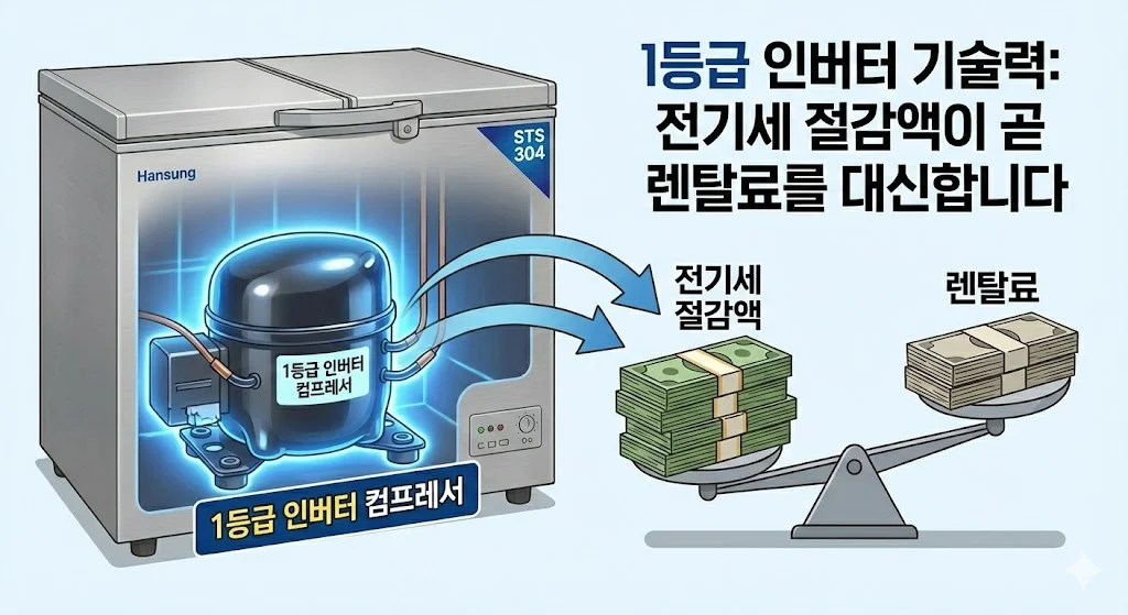 한성 냉동고의 1등급 인버터 컴프레서가 전기세를 절감하여 렌탈료를 상쇄하는 경제적 효과를 보여주는 그래픽 이미지입니다.