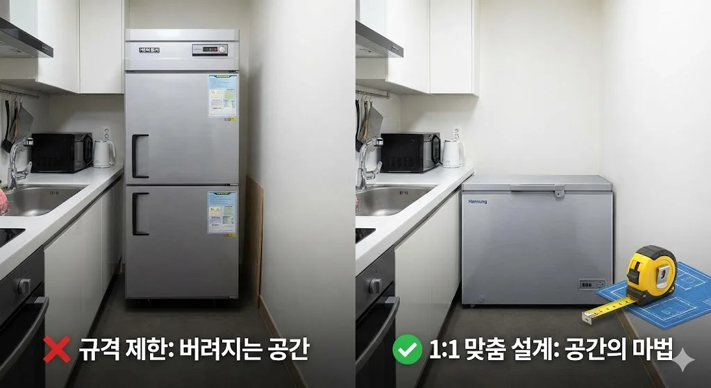 규격 제한으로 공간을 낭비하는 렌탈 냉동고와 주방 공간에 완벽하게 맞춰진 한성 맞춤 설계 냉동고의 공간 활용성 비교 이미지입니다