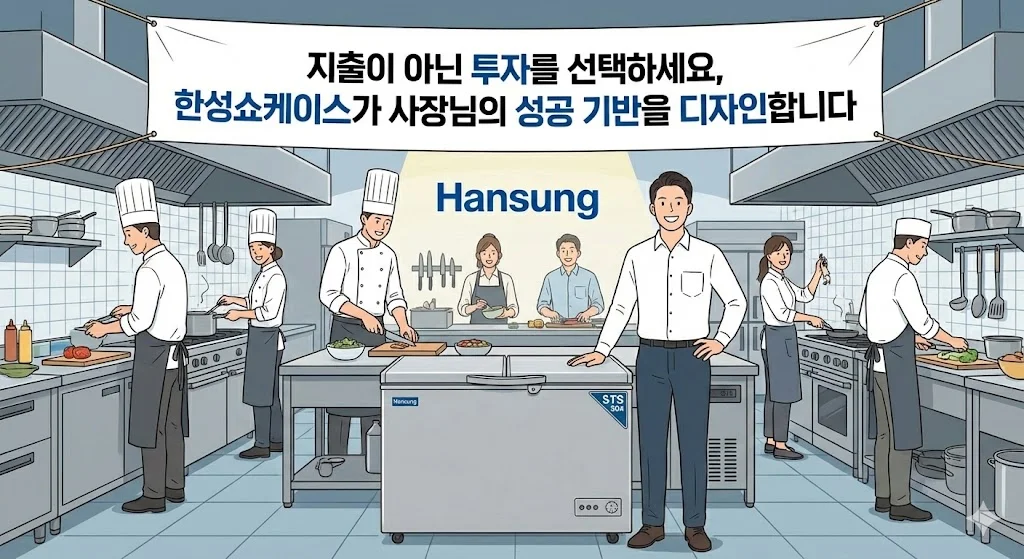 한성 냉동고를 선택하여 성공적인 주방을 이룬 사장님과 셰프들의 활기찬 모습, 그리고 '투자'를 강조하는 결론 메시지가 담긴 이미지입니다.