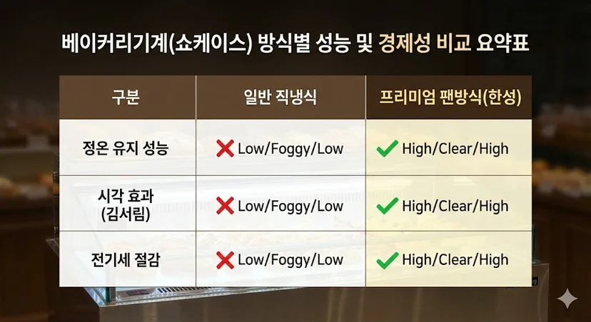 베이커리기계(쇼케이스) 방식별 성능 및 경제성 비교 요약표
