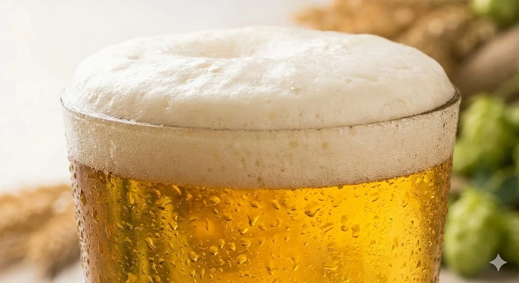 신선한 생맥주 한 잔과 맥주 재료