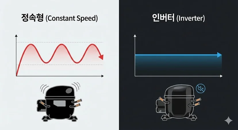 정속형과 인버터 냉각 방식의 온도 변화 비교