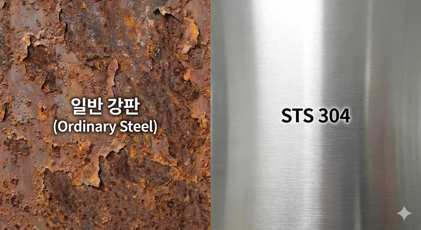 일반 강판의 부식과 STS 304 스테인리스 스틸의 위생 비교