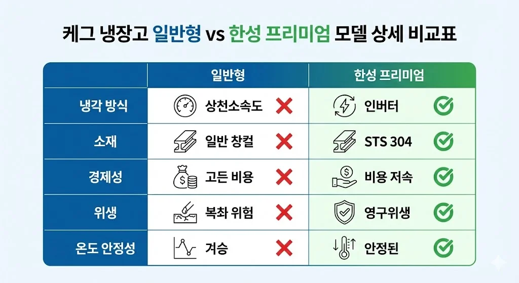 일반형과 한성 프리미엄 케그 냉장고 상세 비교표 인포그래픽