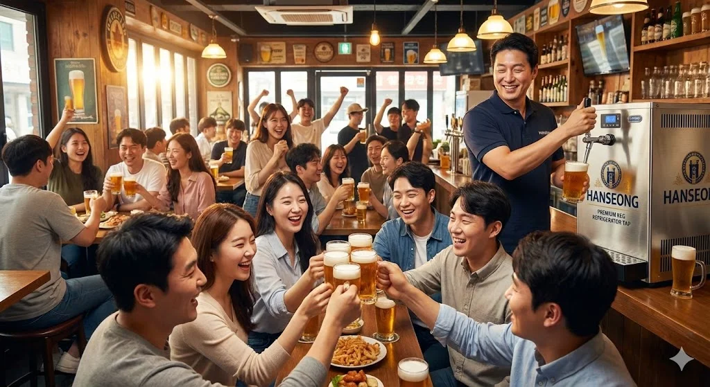 한성 프리미엄 냉장고로 성공한 활기찬 펍 전경