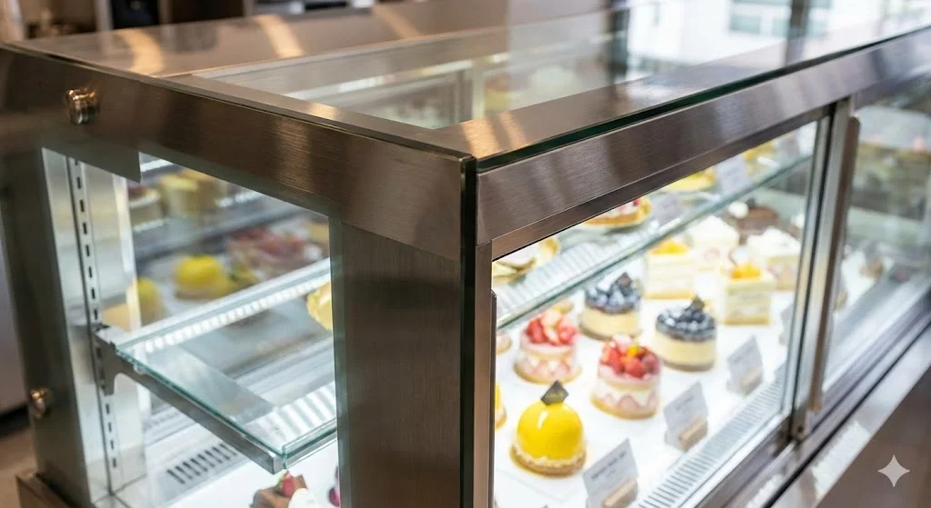 위생적인 STS 304 소재와 특수 유리로 전시 효과를 높인 프리미엄 카페 쇼케이스