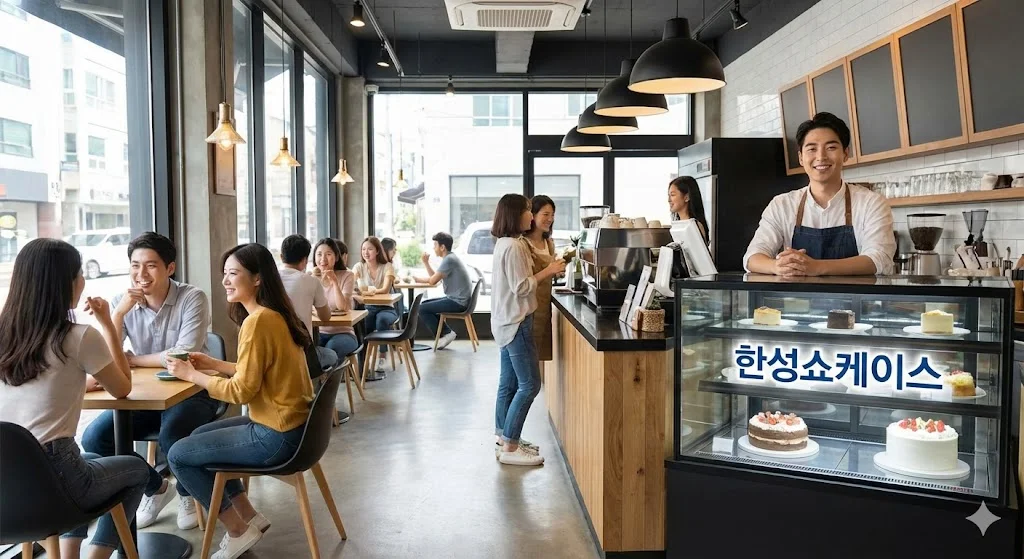한성쇼케이스와 함께 성공적인 브랜딩을 완성한 활기찬 카페의 전경
