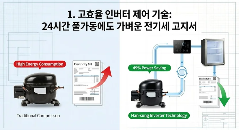 일반 컴프레서와 한성 인버터의 전기세 절감 비교 인포그래픽
