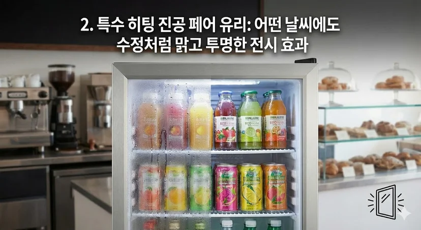 히팅 유리 기능으로 김 서림 없이 맑은 전시 효과를 보여주는 비교 사진