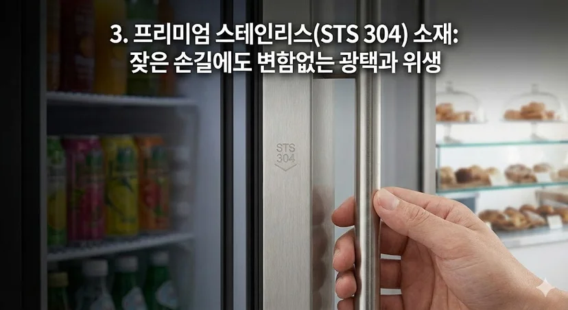 STS 304 소재가 표시된 프리미엄 스테인리스 손잡이 근접 촬영