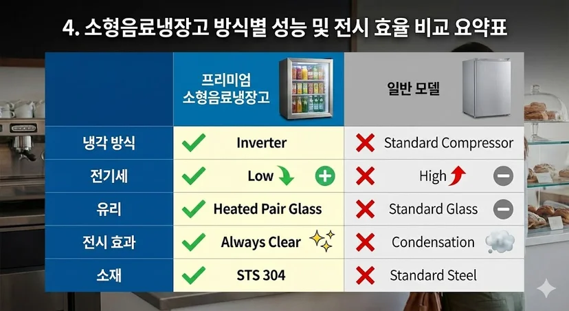 프리미엄 소형음료냉장고와 일반 모델의 성능 비교표