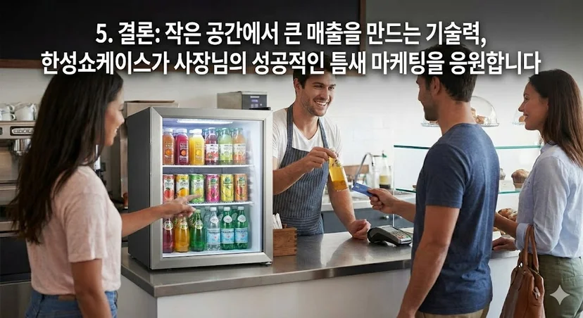 소형음료냉장고 덕분에 매출이 올라 기뻐하는 바리스타와 고객들의 모습