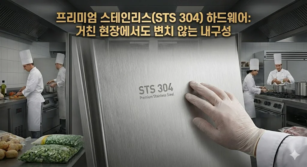 프리미엄 STS 304 스테인리스 소재의 견고함을 보여주는 이미지