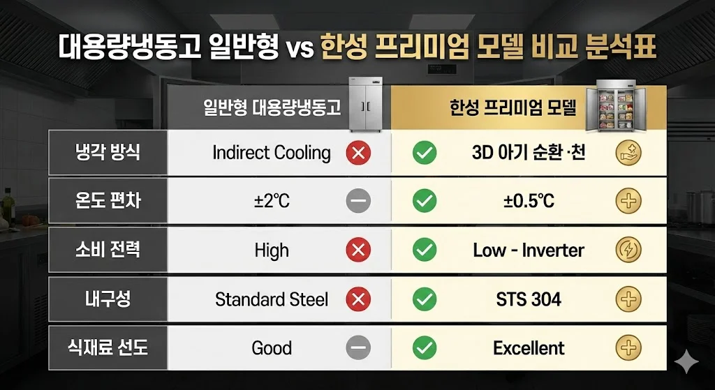 일반형과 한성 프리미엄 모델의 성능 비교표