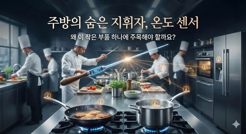 주방의 지휘자 온도 센서와 분주하게 요리하는 셰프들이 어우러진 이미지