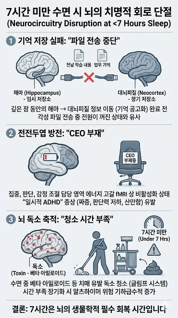 7시간 미만 수면 시 발생하는 뇌의 3대 치명적 회로 단절 인포그래픽. 1. 해마 기억 저장 실패(파일 전송 중단), 2. 전전두엽 방전(CEO 부재), 3. 뇌 독소 축적(베타 아밀로이드 청소 실패). 각 단계별 뇌 이미지와 도식화
