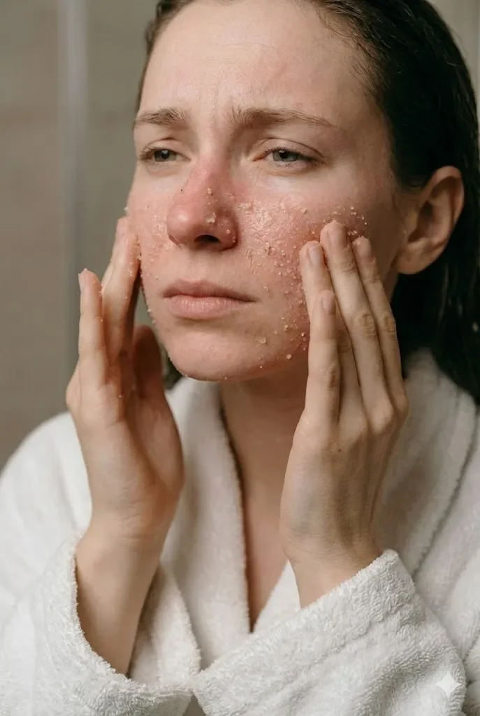 각질 제거 과정에서 물리적 마찰이 반복되는 스크럽 사용 장면을 표현한 이미지