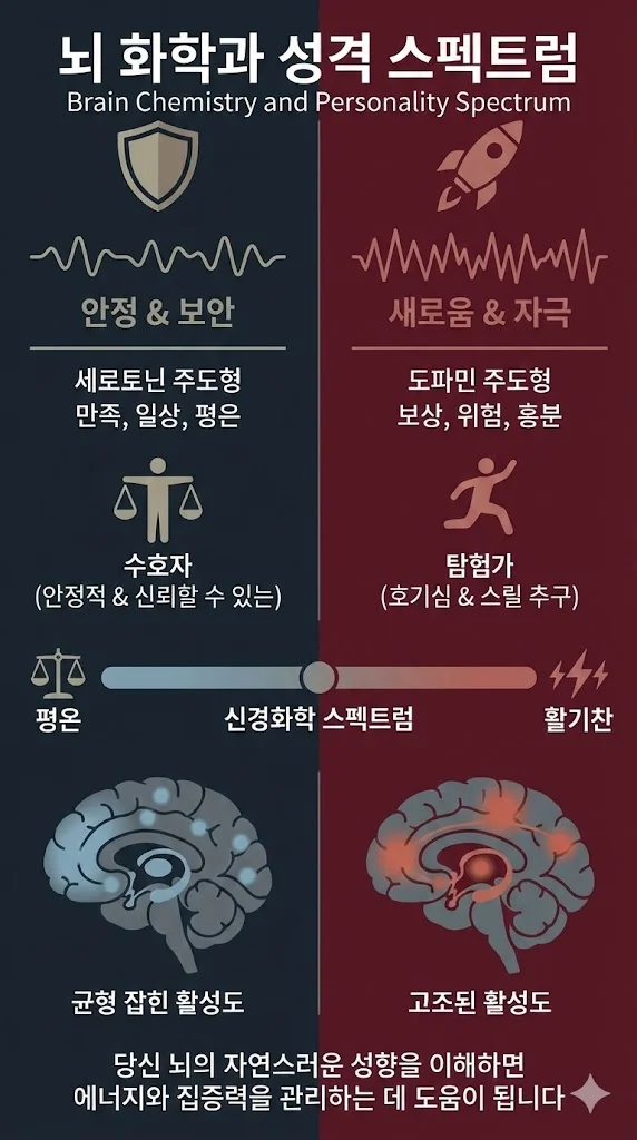 뇌 화학과 성격 스펙트럼 인포그래픽. 좌측은 세로토닌 주도형인 수호자 타입으로 안정과 평온을 추구하며 균형 잡힌 뇌 활성도를 보임. 우측은 도파민 주도형인 탐험가 타입으로 자극과 새로움을 추구하며 고조된 뇌 활성도를 보임. 신경화학적 기질 차이를 비교한 시각 자료