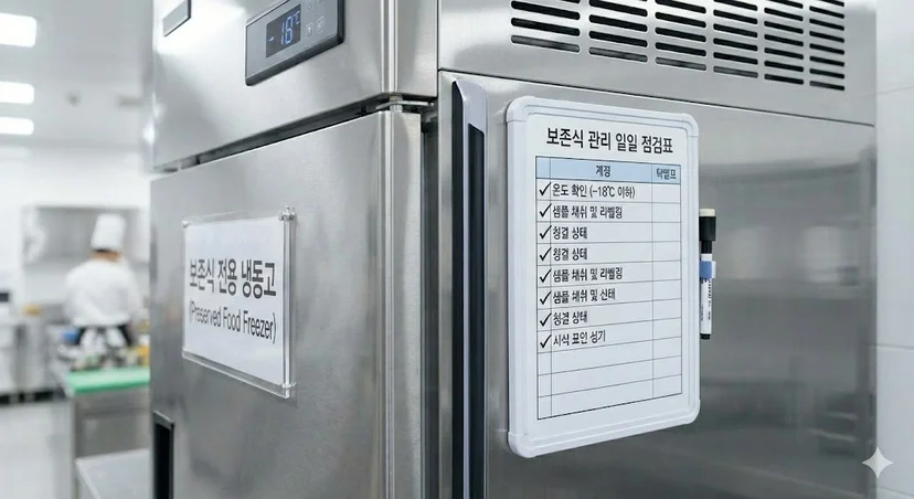 냉동고 측면에 부착된 보존식 관리 일일 점검표와 체크된 항목들