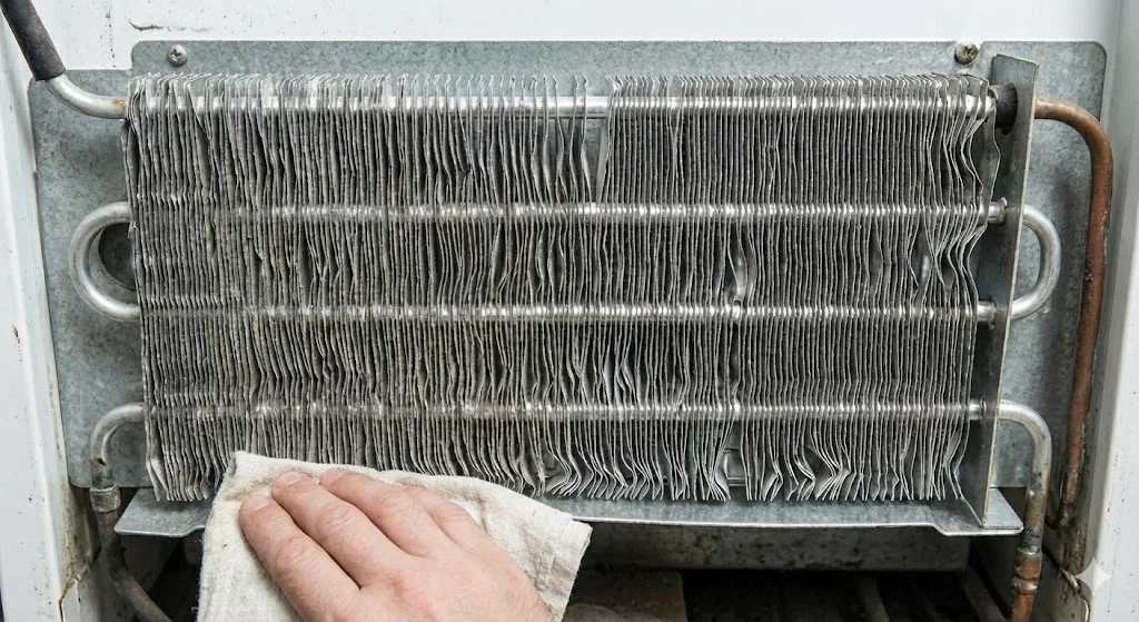 청소 후 깨끗해진 냉장고 응축기 코일 주변을 마른 천으로 닦아내는 손의 모습.