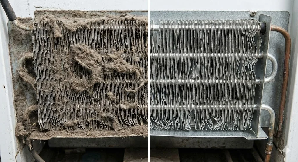 냉장고 응축기 청소 전(왼쪽, 먼지 쌓임)과 후(오른쪽, 깨끗함)의 상태를 비교한 분할 이미지.