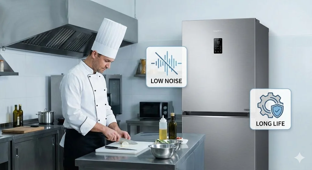 조용한 주방 환경에서 요리하는 셰프와 인버터 냉장고의 저소음 및 긴 수명 아이콘을 보여주는 이미지.