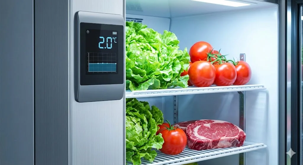 인버터 냉장고 내부의 신선한 식재료와 함께 정확하고 안정적인 온도 유지를 보여주는 디스플레이 이미지.