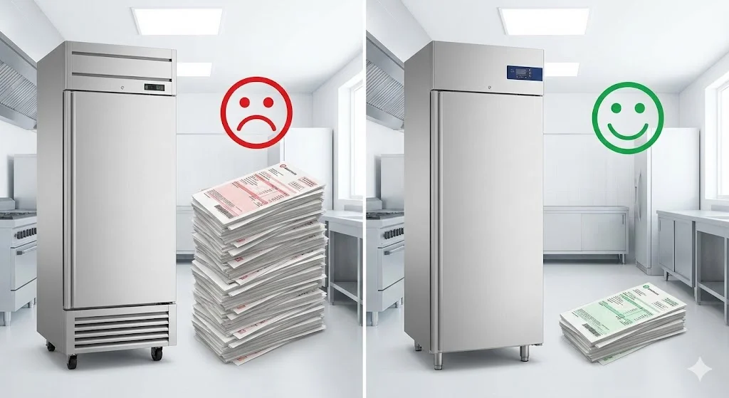 높은 전기 요금 고지서가 쌓인 전통적인 냉장고와 낮은 전기 요금 고지서가 있는 인버터 냉장고를 비교하는 이미지.