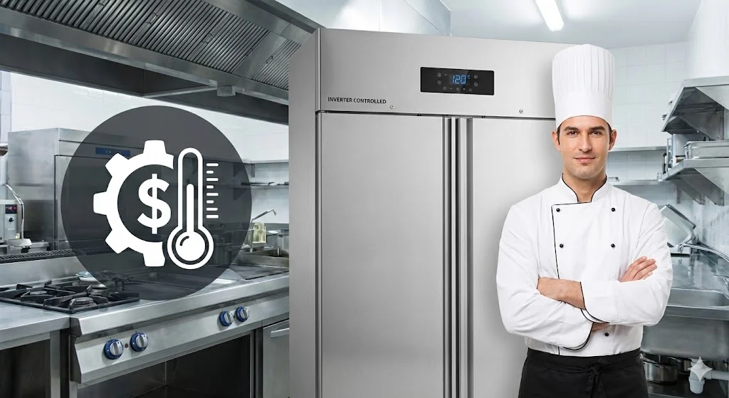 인버터 제어 상업용 냉장고 옆에 선 셰프와 비용 절감 및 온도 제어를 상징하는 아이콘이 있는 대표 이미지.