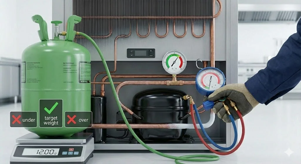 정밀 저울을 사용하여 규정된 정량만큼 냉매를 정확하게 충전하는 작업 과정