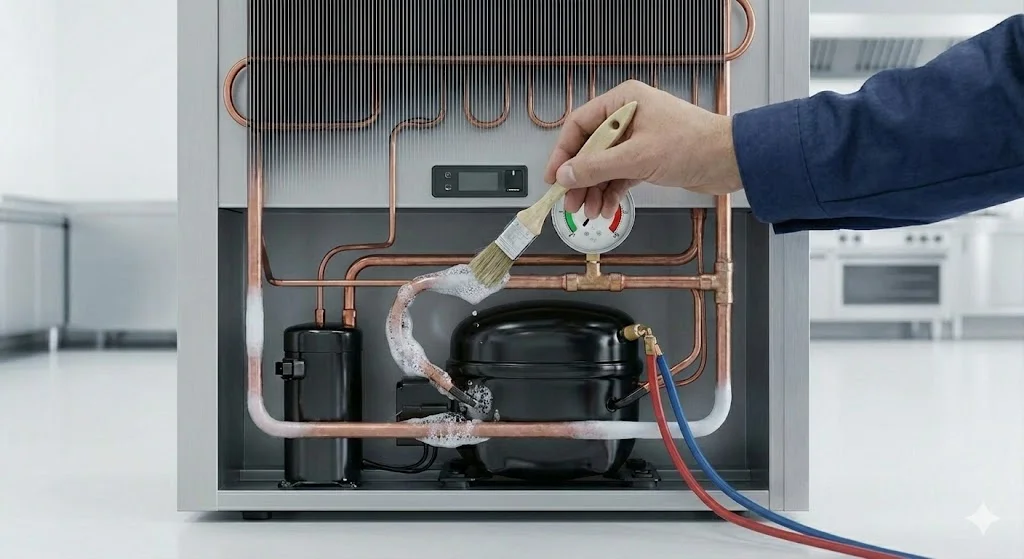 냉매 배관의 미세한 누설을 확인하기 위해 거품 검사를 진행하는 전문가의 모습