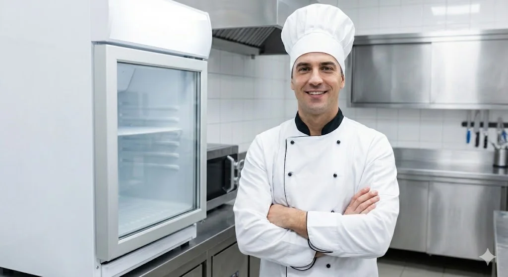 청결한 물받이통 관리로 쾌적해진 주방에서 자신감 있게 서 있는 전문 주방장