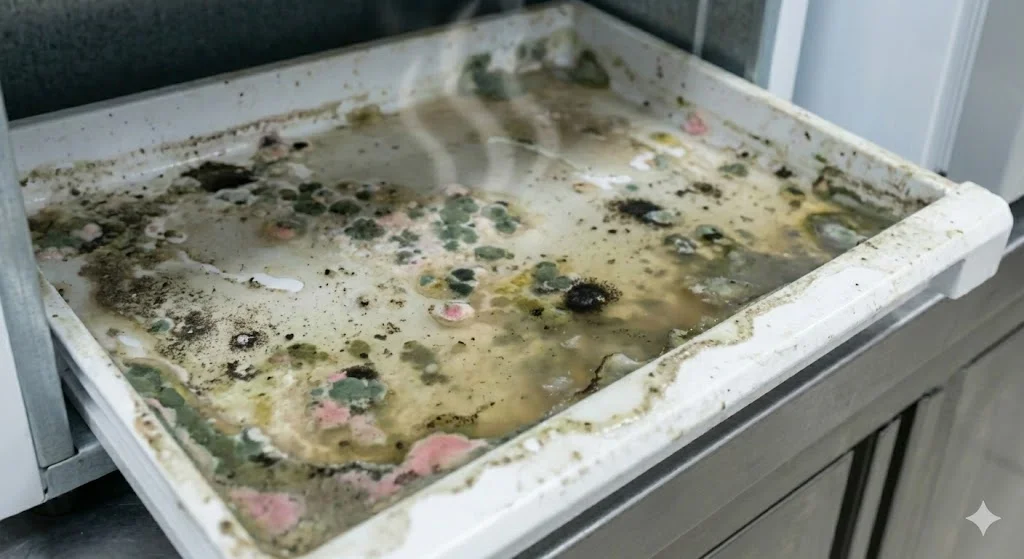 정기적인 관리가 이루어지지 않아 곰팡이와 오염된 물이 고여 있는 물받이통의 상태