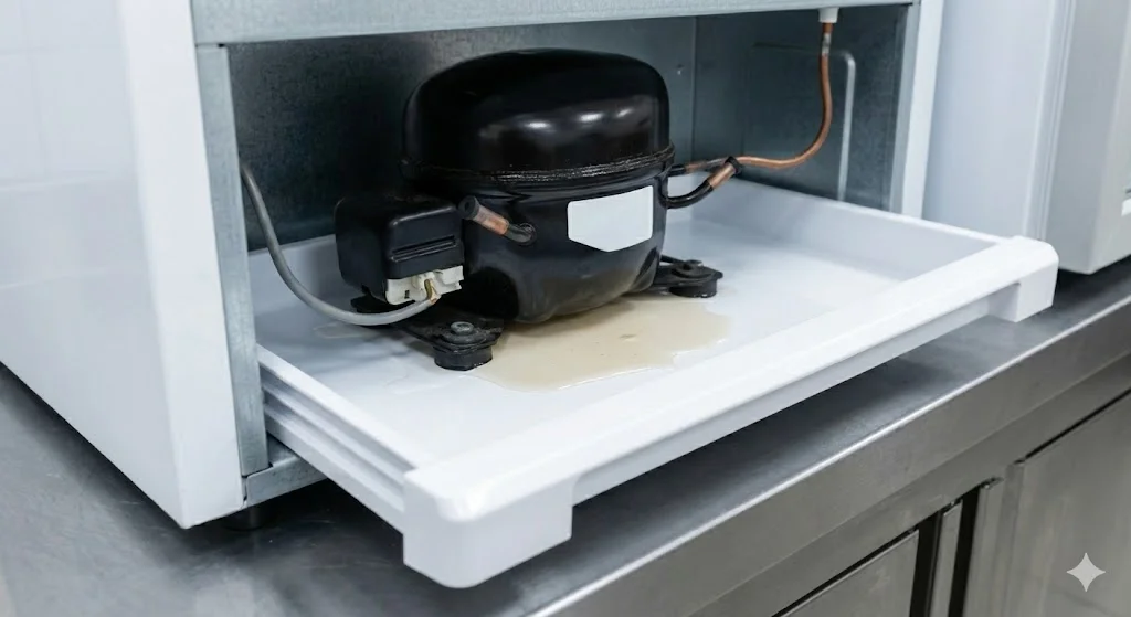 냉장고 하단 컴프레서 주변에 위치하여 제상수 증발 원리를 보여주는 물받이통의 구조