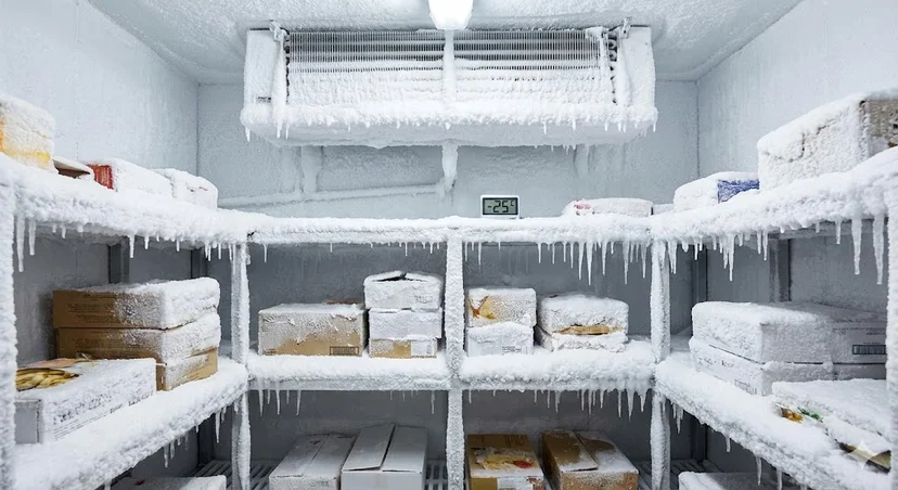 성에가 심각하게 낀 상업용 냉동고 내부의 모습. 두꺼운 얼음과 고드름이 선반과 보관된 식재료를 뒤덮고 있어 제상기능의 필요성을 절실히 보여줍니다.