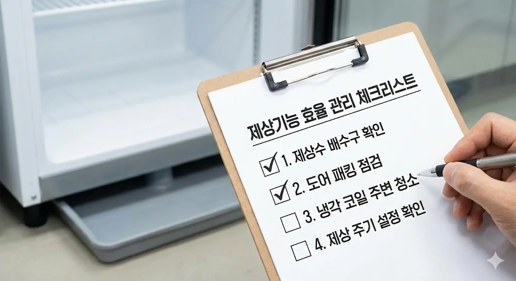 제상기능의 효율을 높이기 위해 정기적으로 확인해야 할 항목들이 적힌 체크리스트. 제상수 배수구, 도어 패킹 등 실제 관리 포인트를 보여줍니다.