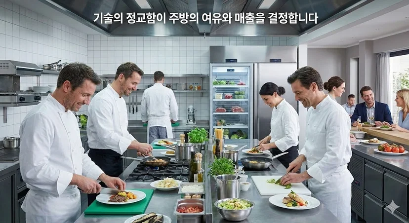 최신 제상 냉장고가 설치된 활기찬 프로 주방의 모습. 셰프들이 여유롭게 요리하고 손님들이 만족하는 모습을 통해 제상 기술이 가져오는 긍정적인 결과를 상징적으로 보여줍니다.
