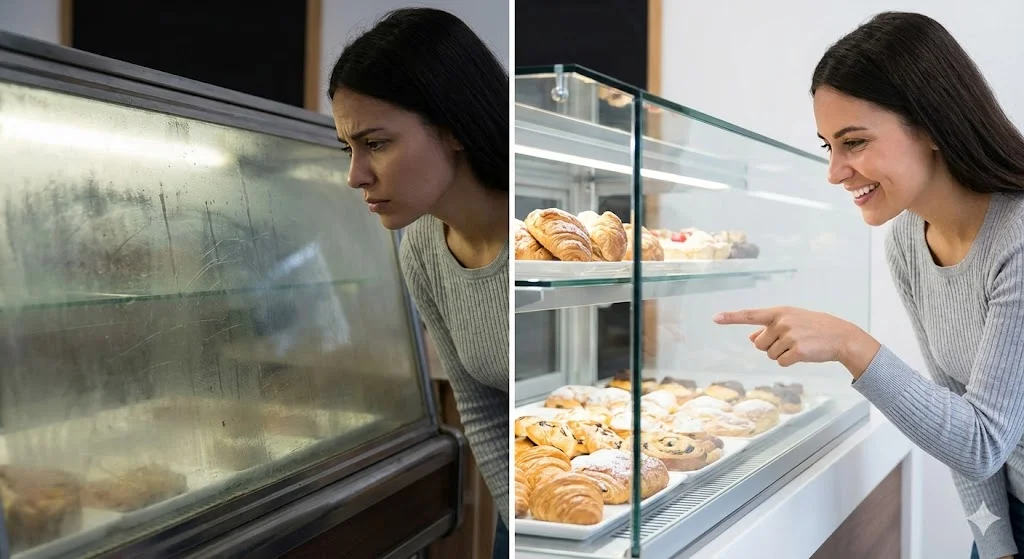 낡은 쇼케이스를 보고 실망하는 고객(왼쪽)과 깨끗한 쇼케이스 앞에서 만족하는 고객(오른쪽)
