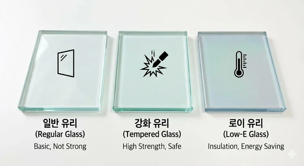 일반 유리, 강화 유리, 로이 유리 등 쇼케이스 유리의 종류와 특징을 보여주는 이미지