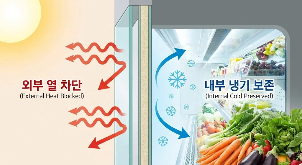 외부의 뜨거운 열기를 막아내고 내부의 차가운 냉기를 보호하는 페어글라스의 역할을 직관적인 인포그래픽으로 설명합니다.