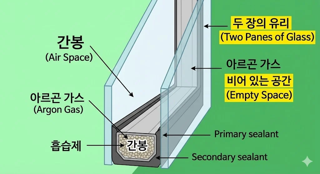 두 장의 유리와 그 사이에 밀폐된 공기층(또는 가스층), 그리고 간봉으로 이루어진 페어글라스의 상세 구조를 단면도로 보여줍니다.